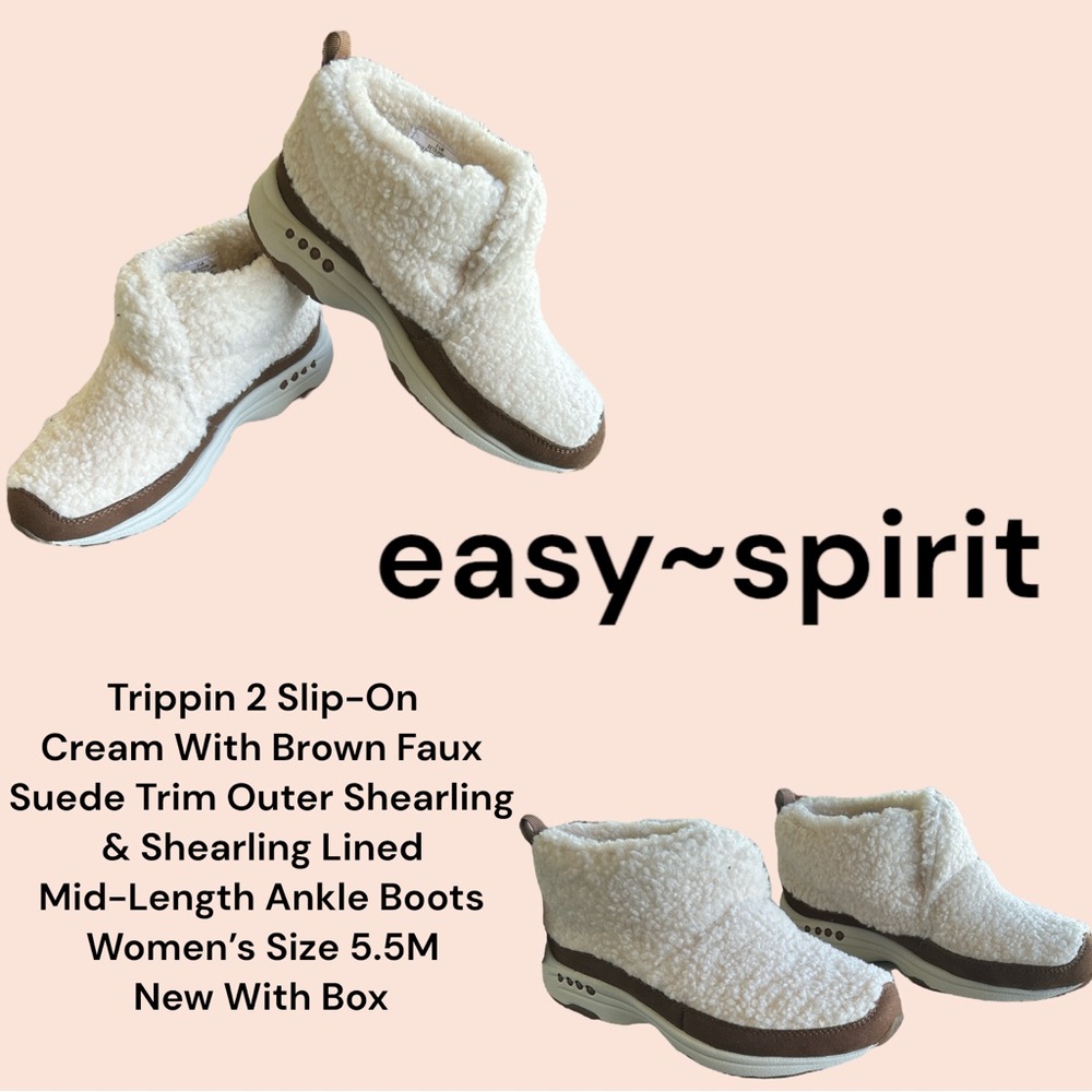 Easy Spirit Trippin 2 Slip-On Sherpa Cream/Brown Ankle Boots Women 5.5 M NWB